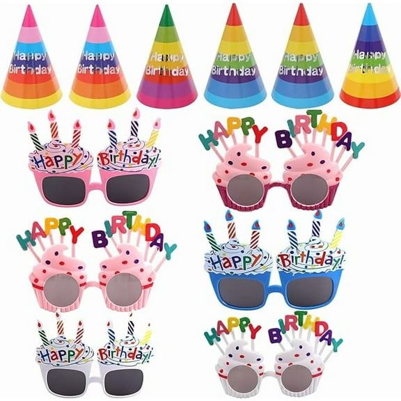 12 PCS Happy Birthday Party Hats and Happy Birthday Sunglasses Sweet Cream Cake Glasses for Kids Adults Birthday Party Favors
