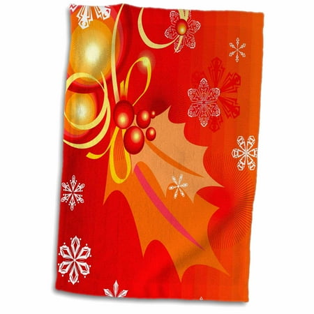 Snow Holly - 3dRose Holly Leaves with Berries Ribbons and Snow Flakes - Towel, 15 by 22-inch