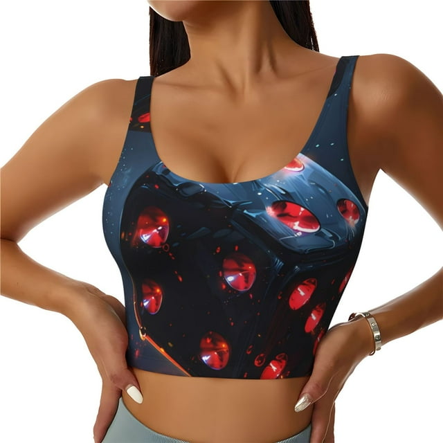 Balery Cosmic Red Sparkle Dice Pattern Racerback Sports Bras for Women - Padded Seamless High Impact Support for Yoga Gym Workout Fitness-Large