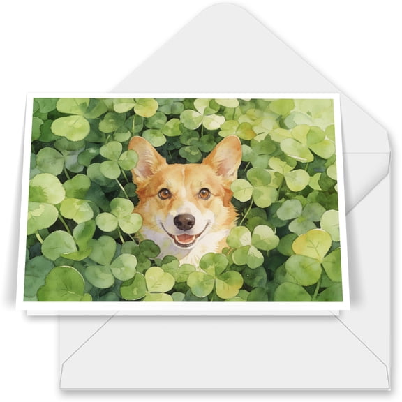 Happy Corgi Welcome St Patrick's Day Lucky Shamrocks Clover 7x5in Folded Greeting Card Welsh Corgi Dog Lover Gifts Idea Note Card with Envelope - 22001