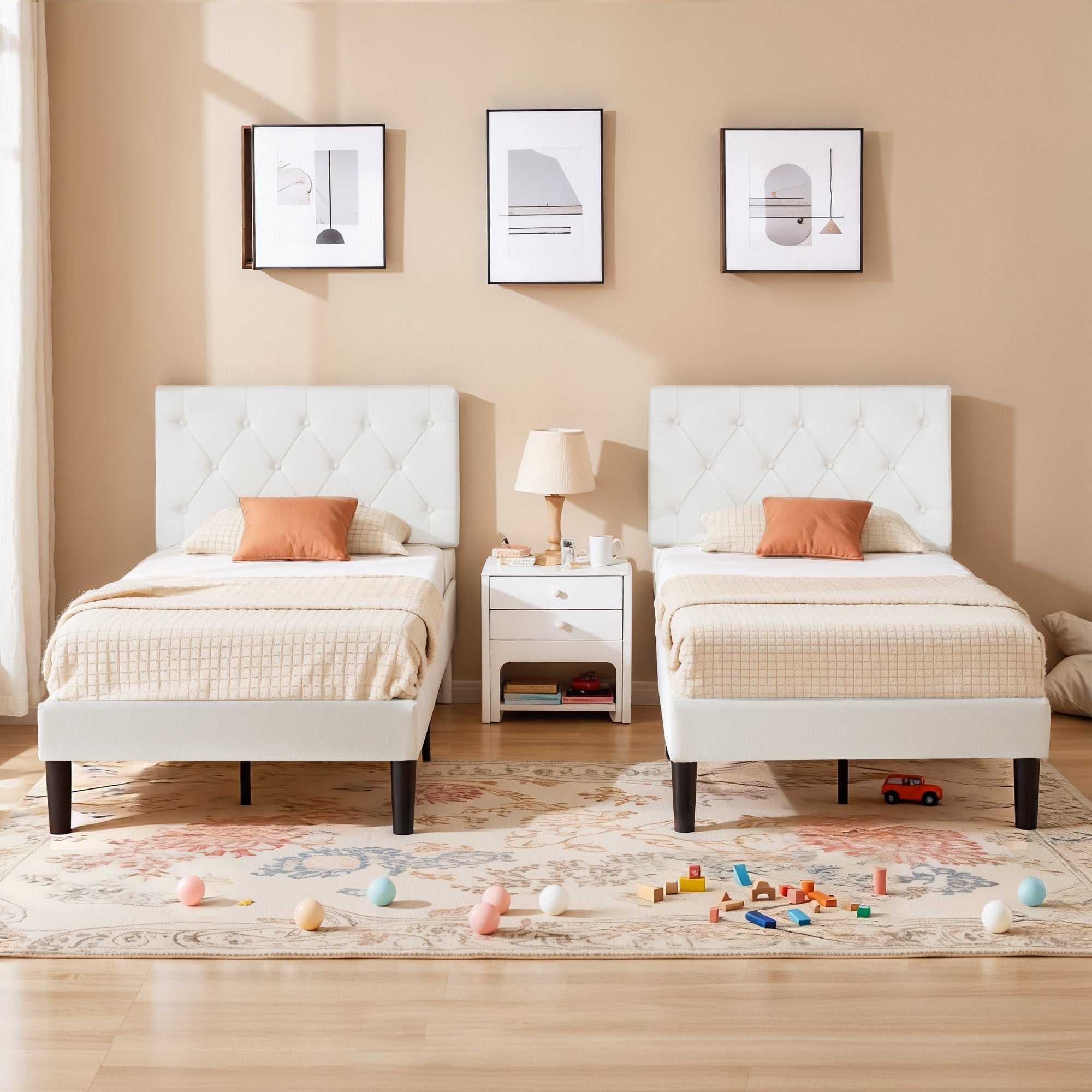 VECELO Twin Size Platform Bed Frame Upholstered Beds with Height-Adjustable Linen Button Tufted Headboard, Bed Frame, White