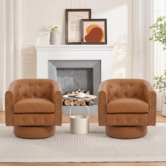 Swivel Barrel Accent Chairs, 360° Rotatable Leather Armchairs with Classic Rivet Decor, Ergonomic Curved Backrest Lounge Chairs for Living Room Bedroom and Home Office, Set of 2, Brown