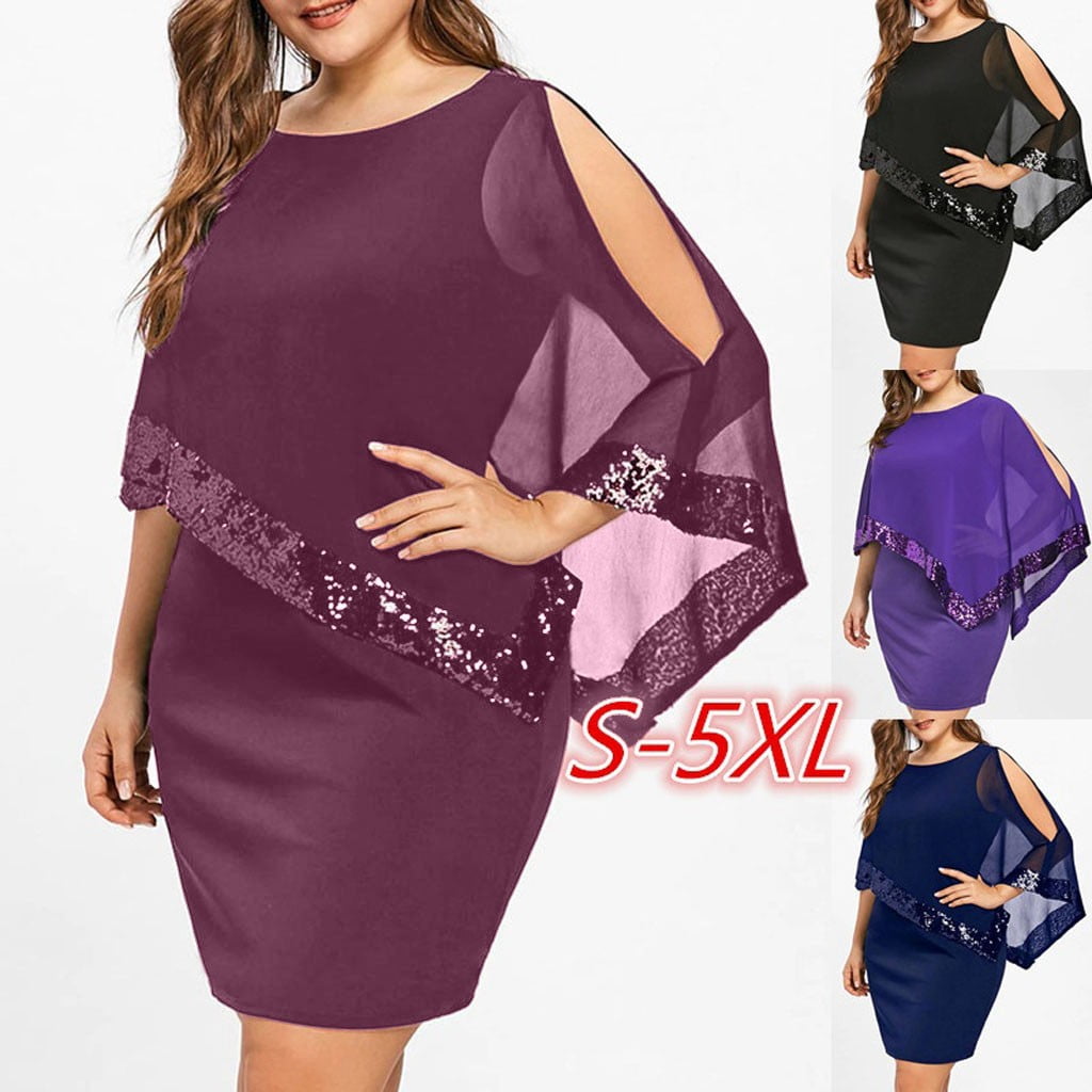 Summer Dresses for Women 2025 Plus Size Chiffon Batwing Sleeve Dress Casual Cold Shoulder Wedding Guest Dress Sequin Glitter Party Dress Sales of the Day Red L