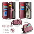 thumbnail image 2 of Compatible with Samsung Galaxy S24 Ultra Rugged PU Leather Wallet Case, Card Slots Zipper Pocket Lanyard Crossbody Strap Kickstand RFID Blocking Full Body Protection Cover for S24 Ultra, Winered, 2 of 10