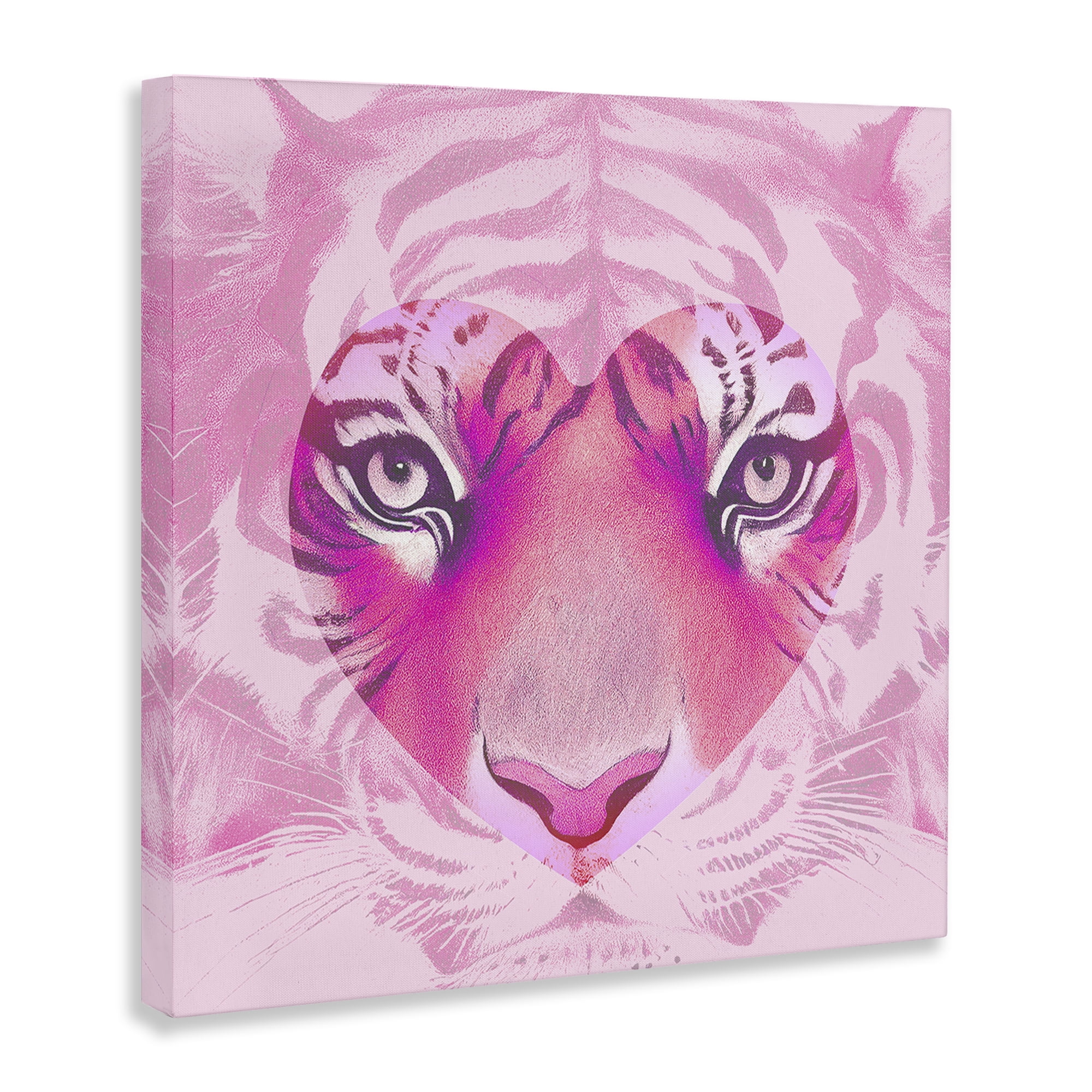 Stupell Industries Pink Heart Tiger Face Animals Painting Wrapped Canvas Art Print Wall Art, 30 x 30