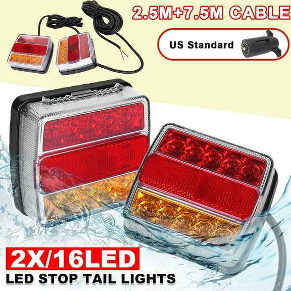 AUTOXBERT 2x Trailer Tail Light 12V 16 Led 10m Line 7 Pin Plug Kit Stop Indicator Lamp Waterproof