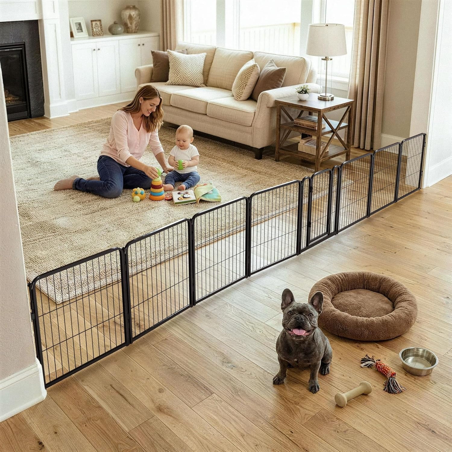 Extra Wide Indoor Dog Gate, Adjustable Width Up to 183 Inches, 24-Inch Height with 8 Wire Panels for Puppies and Small Dogs, Black