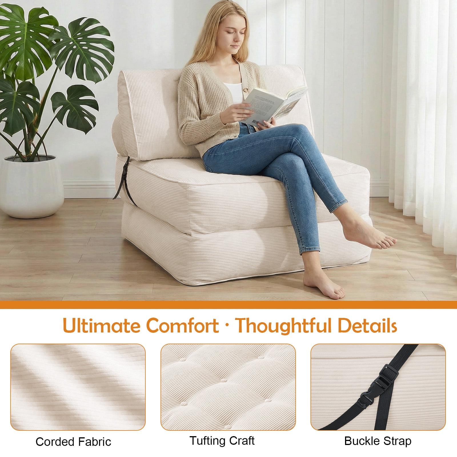 CATGOOD 78" Single Sofa Bed with Pillow, Convertible Sleeper Sofa for Small Spaces, Portable Boneless Small Couch Comfy Floor Sofa Lounge Chair for Living Room, Bedroom, Beige, White