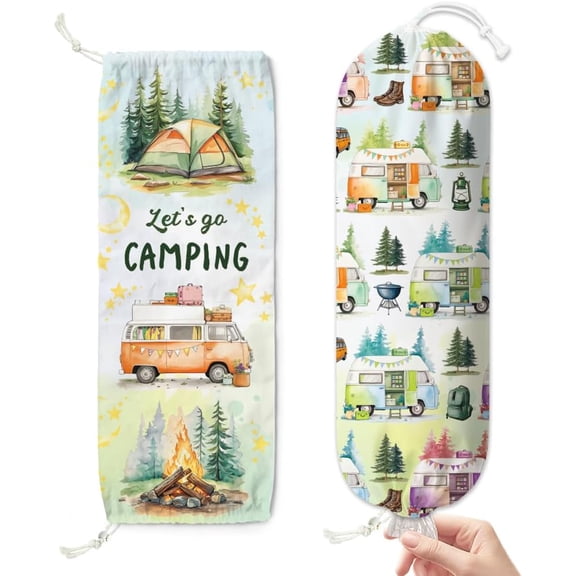 2 Pcs Camping Plastic Bag Holder Hanging Grocery Bag Organizer with Drawstring Bottom 23" x 9" Large Storage Bags Dispenser Canvas