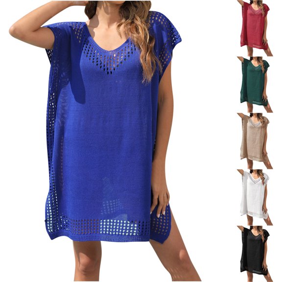 Qzwdhjm Swimsuits Coverups for Women Cap Sleeve Mini Dress Coverup Hollow Out V Neck Beach Cover Up with Slit Side for Swimpool Party