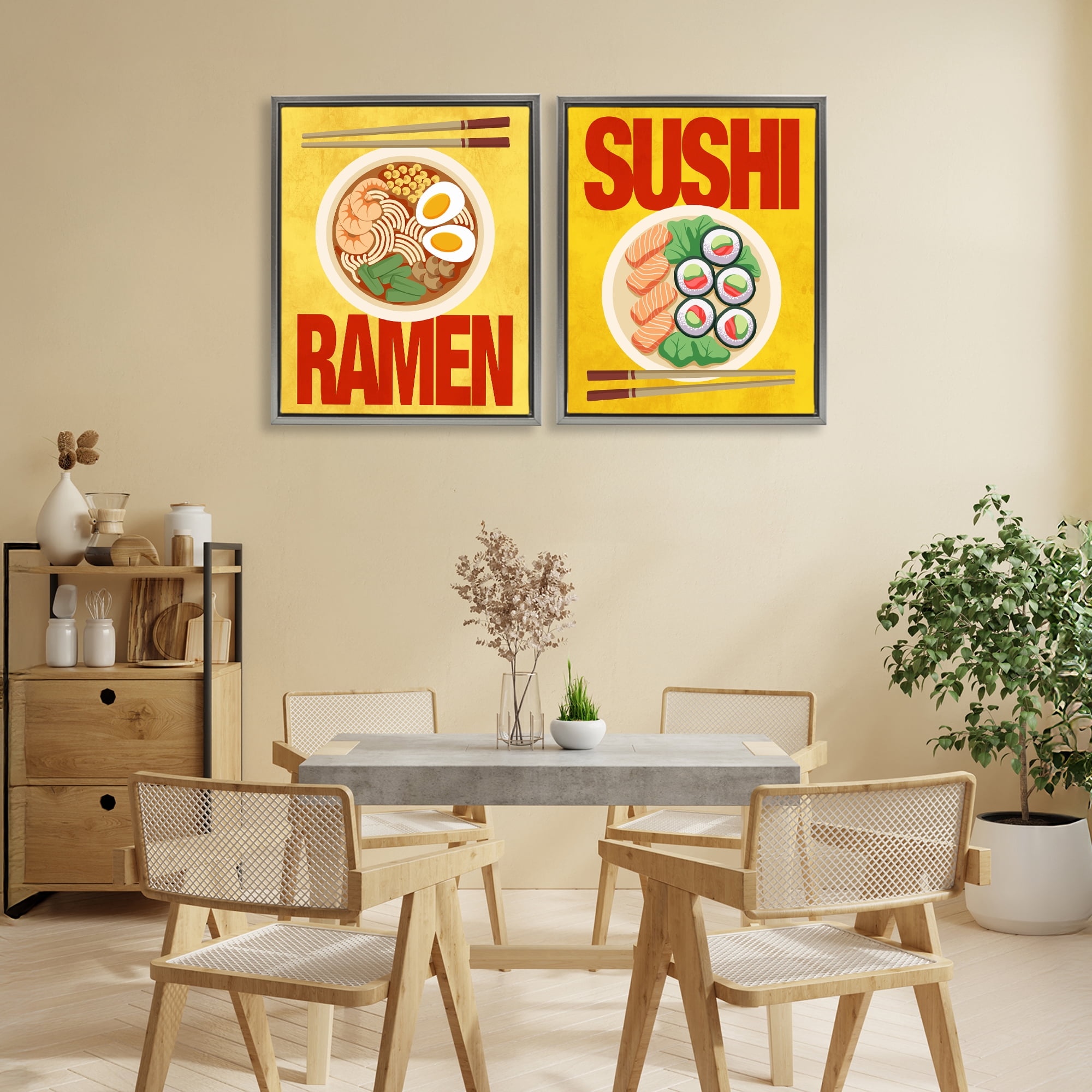 Stupell Industries Ramen & Sushi Japanese Cuisine 2 Piece Gray Framed Floater Canvas Set, design by Marcus Prime