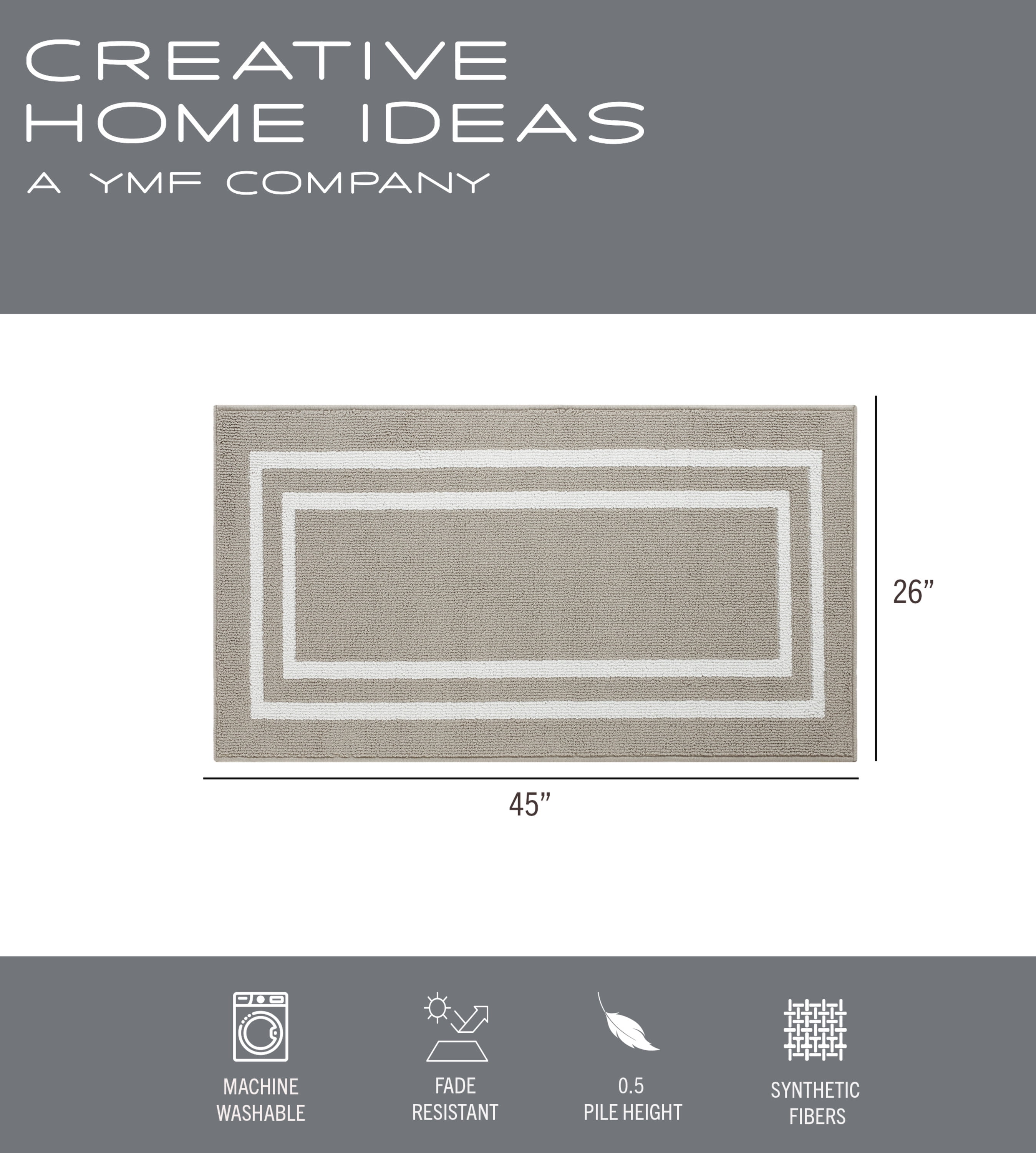 Washable Skid-Resistant Runner Rug, Border, Light Grey and White, 26" x 45"