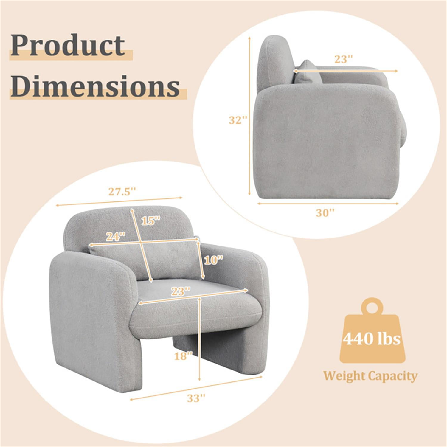 Demi Bonn Modern Accent Chair, Elegant Armchair with Waist Pillow and Armrests, Suitable for Living Room Bedroom Reception Room Office, Gray