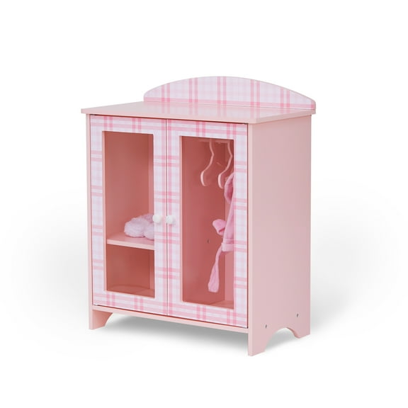 Polly   s Pink Plaid 18   Doll Display Closet with 3 Hangers & Doll Accessories, Pink