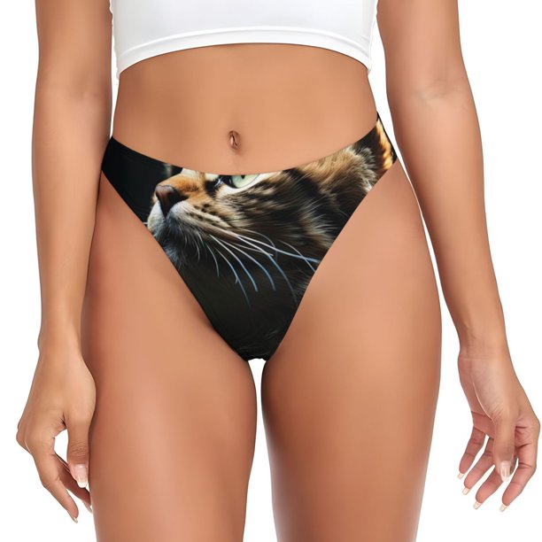Fotbe Realistic Style Cute Cat Tanga Sin Costuras para Mujer con Estampado – Panties Invisibles, Transpirables y Cómodos para Uso Diario-Small