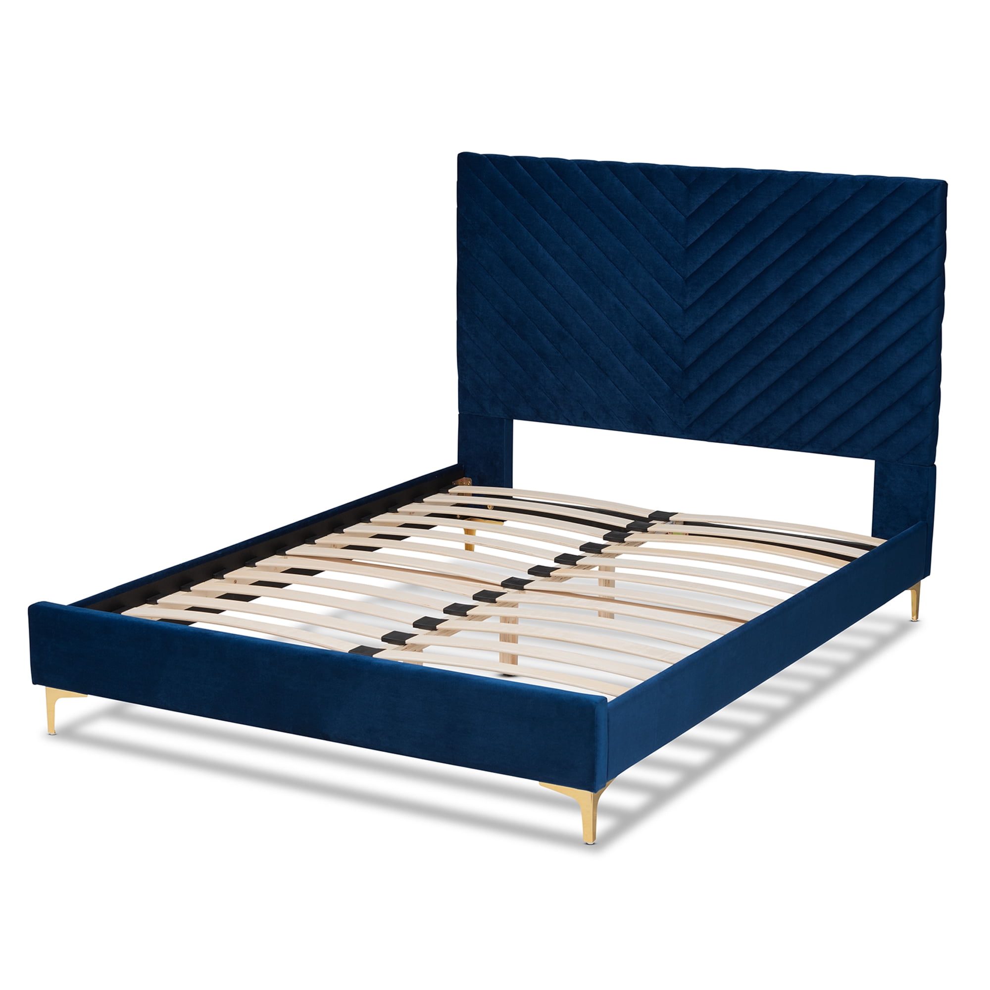 Baxton Studio Fabrico Contemporary Glam and Luxe Navy Blue Velvet Fabric Upholstered and Gold Metal Queen Size Platform Bed