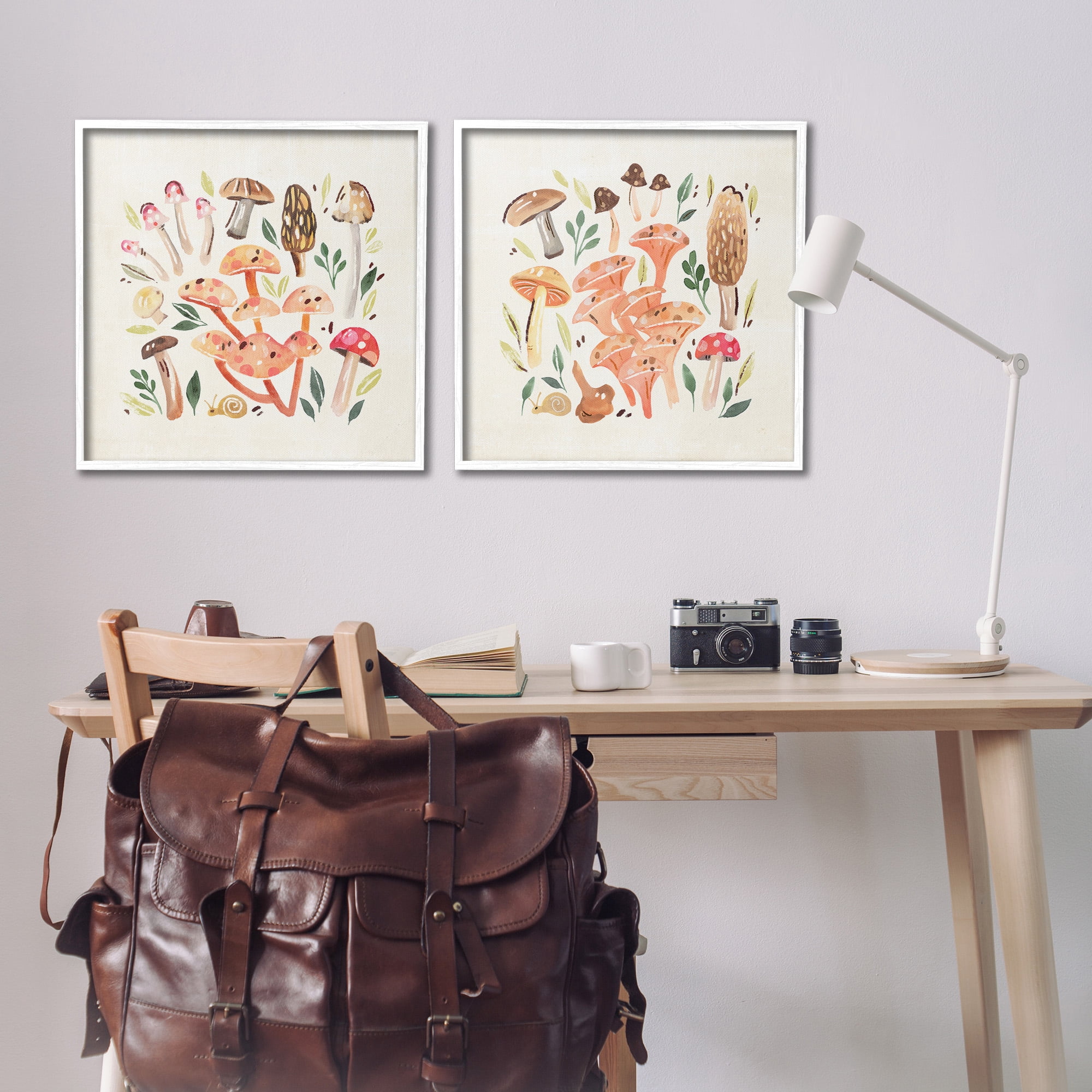 Stupell Industries Mushroom & Leaves Pattern Botanical & Floral Painting White Framed Art Print Wall Art, 24 x 24, Set of 2