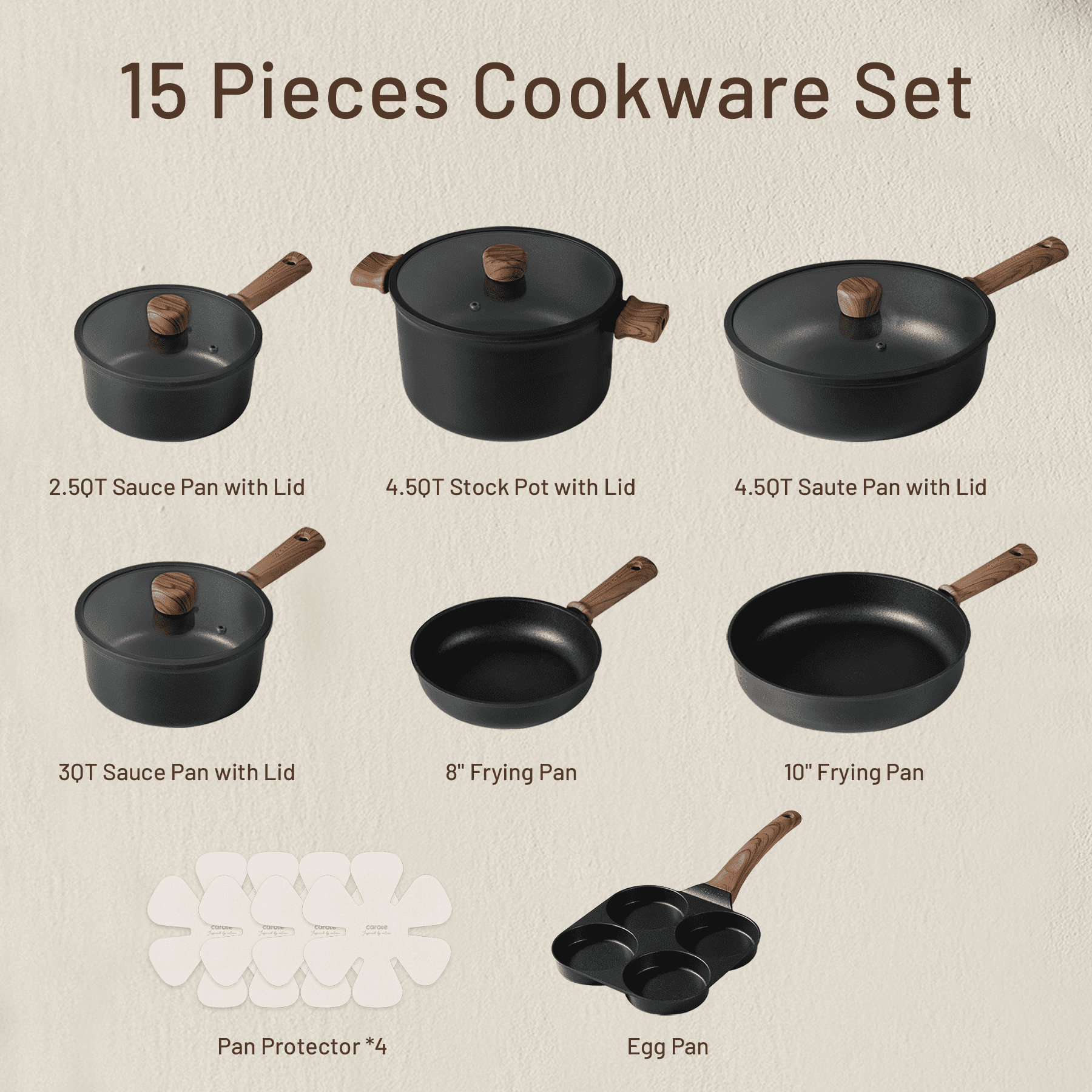 Carote Nonstick Cookware Sets, 15 Pcs Granite Non Stick Pots and Pans Set, Induction Cookware, Black