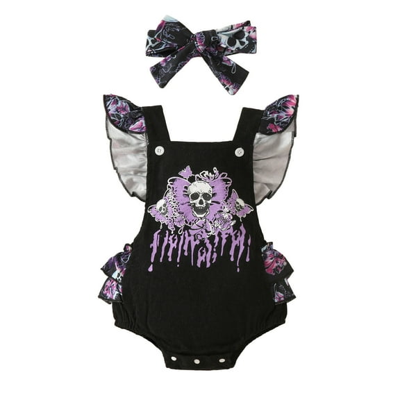 WUXIAN Girls Fly Sleeve Cartoon Hallowmas Backless Romper Bodysuits Headbands Set Onesie Toddler Baby Stylish Clothing