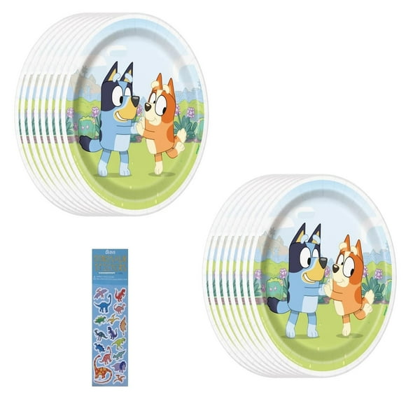 Bluey Dino Party Pack - 16 Cake Plates & Dino Sticker Sheet - Birthday Supplies Bundle for Kids - Fun and Colorful Decorations for Parties