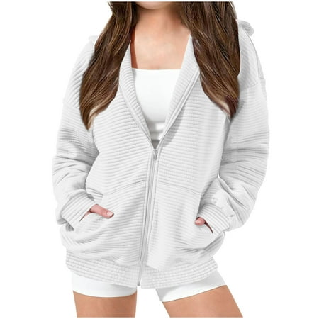Lenpel Children s Zip up Hoodies Boys Girls Long Sleeve Textured Hooded Sweatshirts Casual Loose Outwear Jackets with Pockets(White 14-15 Years)