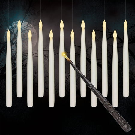 VACUSHOP 12pcs Flameless Taper Floating Candles with Magic Wand Remote, Halloween Christmas Birthday Home Decor, Flickering Warm Light, Battery Operated LED Electric Window Candle Decorations