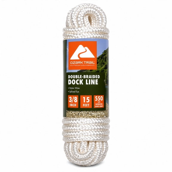 Ozark Trail Double-Braided Nylon Marine Dock Line, 3/8 in x 15 ft, Up to 20 ft Boats, 550 lb Maximum Working Load, White