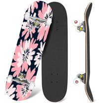 31'' Complete Skateboard 7 Layer Canadian Maple Double Kick Deck Skateboards repeat flowers blue pastel pink white Hand drawn fabric gift Skate Board for Beginner Adult Gifts