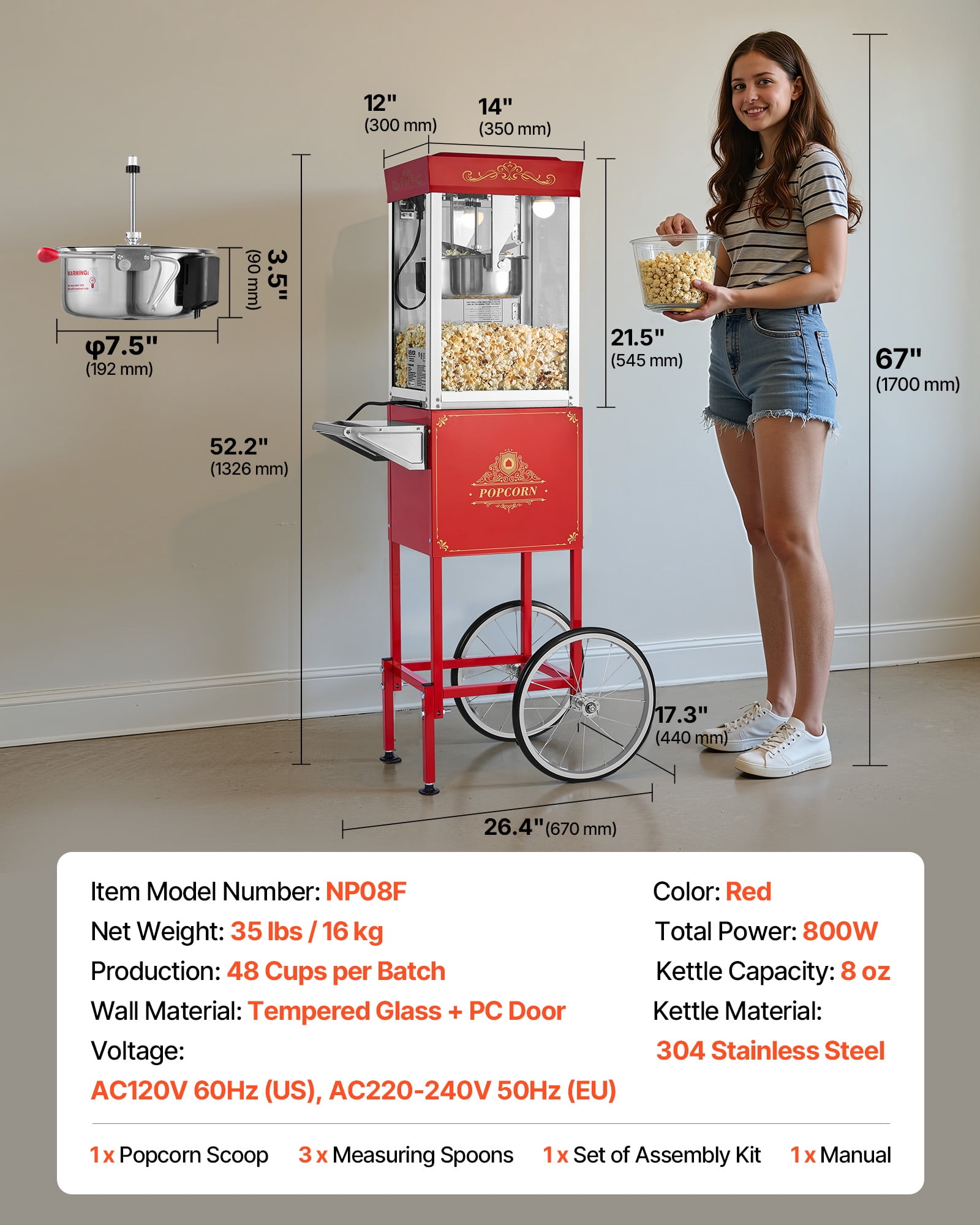 VEVOR Popcorn Machine with Cart, 8oz Stainless Steel Kettle, 800W Commercial Popcorn Maker, 48 Cups per Batch Theater Style Popper, with 2-Button Control Glass Wall PC Door 1 Scoop 3 Spoons, Red