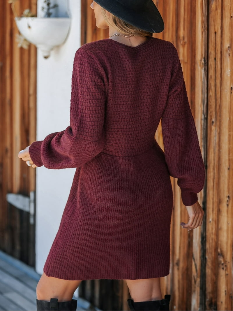 Cupshe Womens' Burgundy V-Neck Gigot Sleeve Sweater Dress, Size S-XL -  Walmart.com