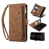 Dteck Zipper Wallet Case for Samsung Galaxy S23,Magnetic Leather Card Pocket Crossbody Case Shockproof Rubber Kickstand Full Body Cover with Shoulder & Wrist Strap,Brown