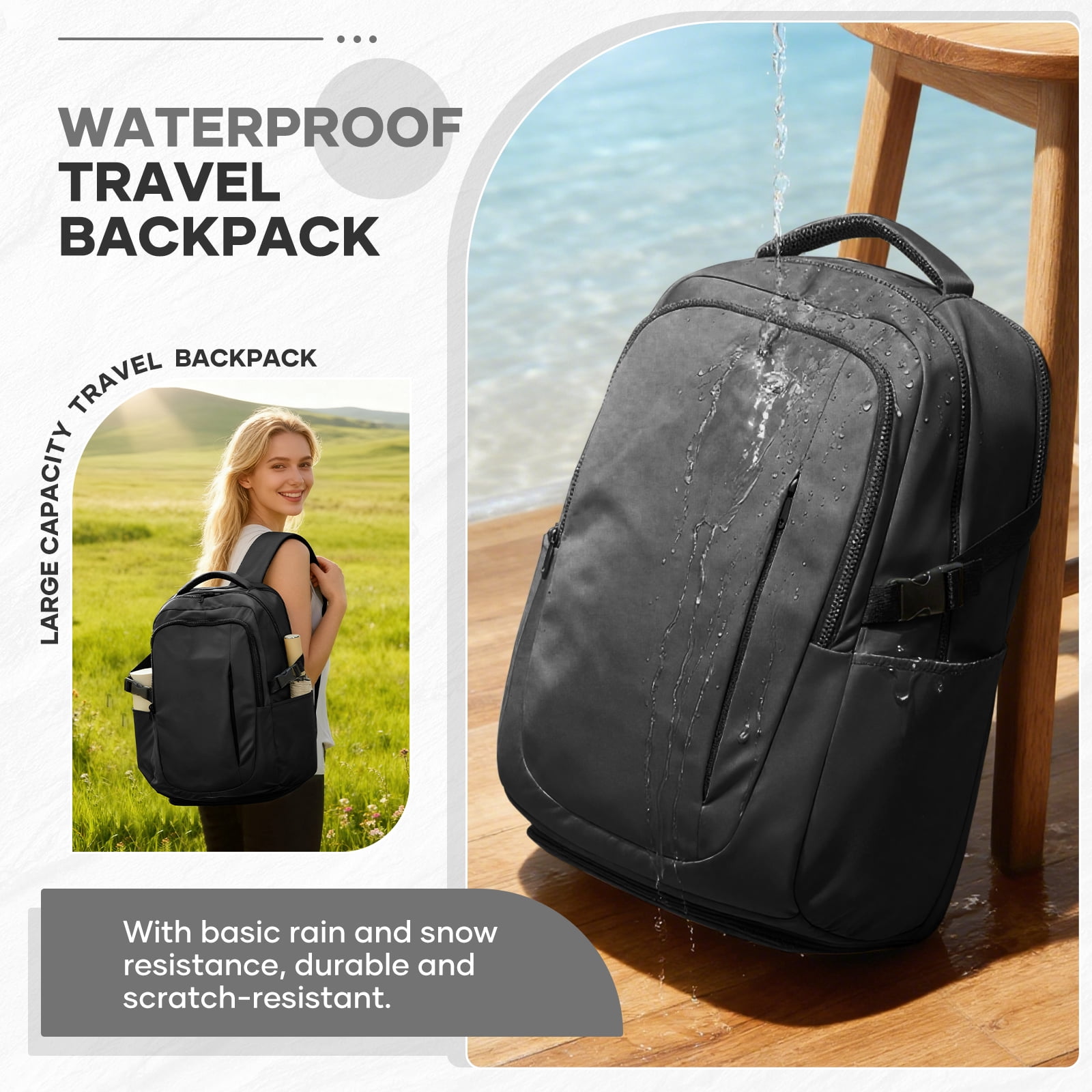 SYCNB Waterproof Lightweight Travel Backpack for Women, Laptop Backpack with Charging Port for College Student, Airline-Approved Carry On Backpack, Personal Item Travel Bag with Shoe Pouch Black