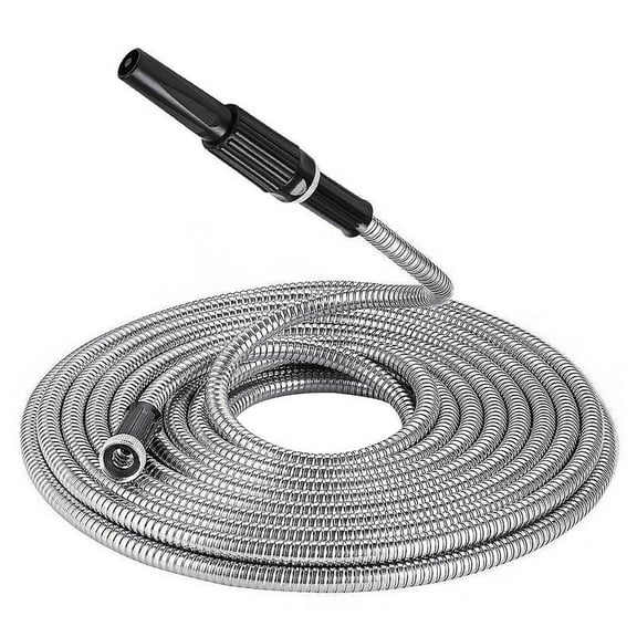 findmall 25/50/75/100FT Stainless Steel Metal Garden Water Hose Pipe Flexible With Nozzle