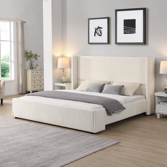 Youmumeub Modern White King Size Bed Frame, Tall Upholstered Headboard Platform Bed, Soft Fabric & Heavy Duty Support, No Box Spring Needed