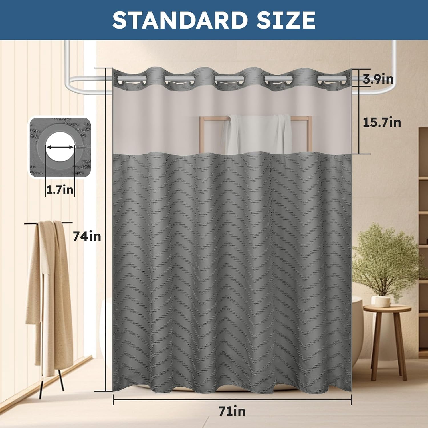 HBlife Grey No Hook Fabric Shower Curtain & Liner Set, 71 x 74, Waterproof, Washable, See Through Top Window, 71" x 74"