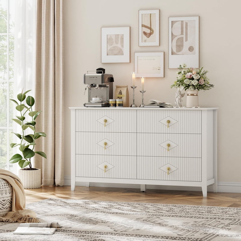TROPOW Fluted 6 Drawers Dresser for Bedroom, 54" Wide Modern Chest of Drawers with Metal Handle, Wooden Dresser Organizer for Bedroom, Living Room, Hallway, Entryway