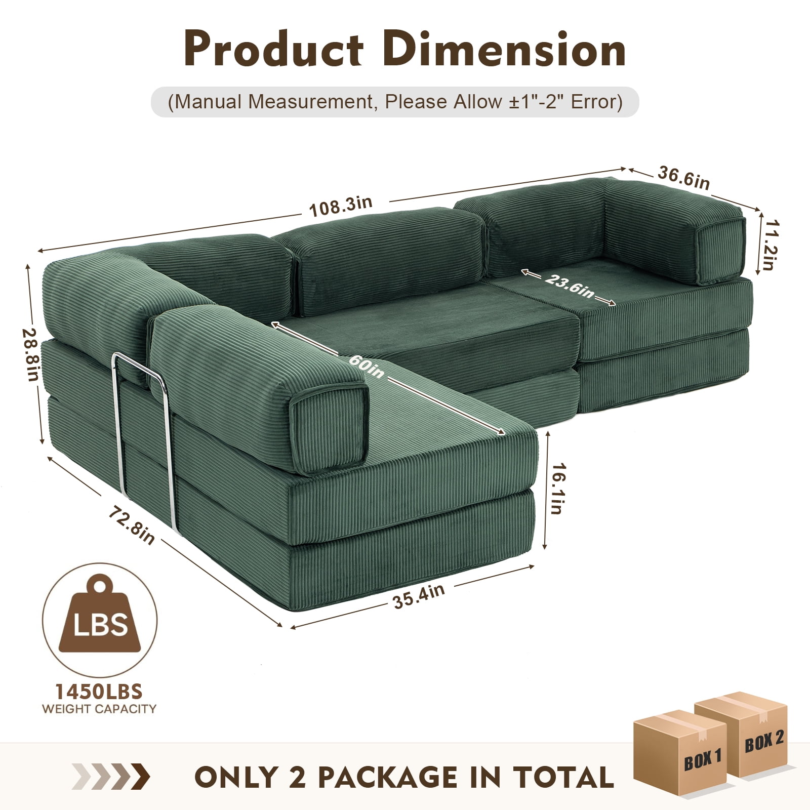 MEISSALIVVE 108" L-Shaped Modular Sectional Sofa with Chaise, Cloud Deep Seat Couch with Removable Pillows, No Assembly Required for Living Room & Bedroom (Dark Green)