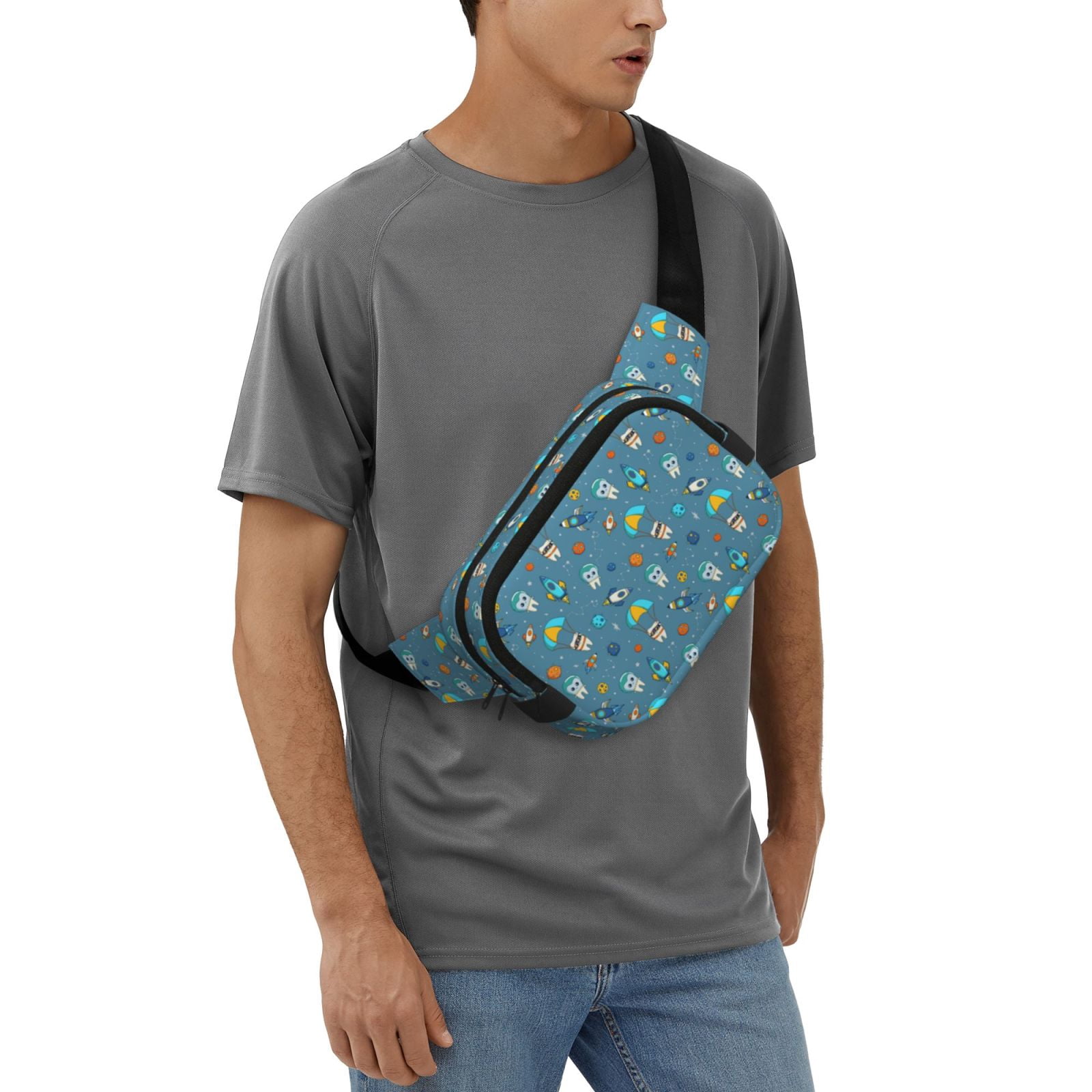 Picia Teeth Cosmonaut Print Square Double-Layer Waist Bag Mini Adjustable Waist Belt Bag Exercise Running Travel Hiking