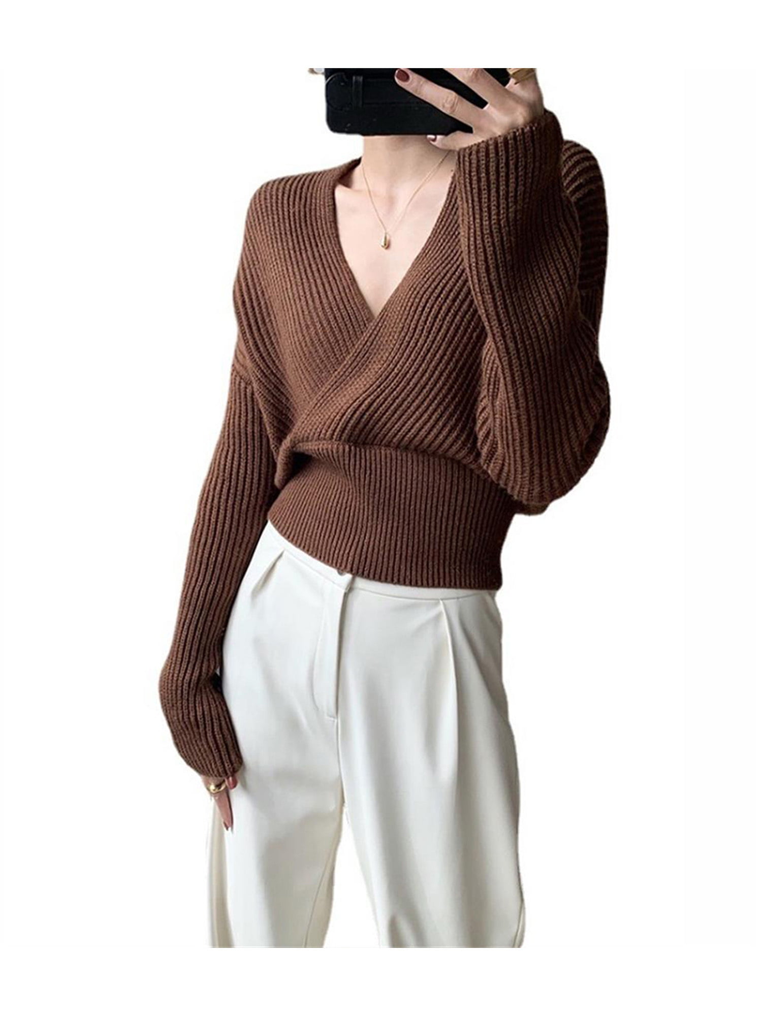 Sweaters for Womens Casual Long Sleeve V Neck Ribbed Knitted Pullover Solid Loose Blouse Tops 