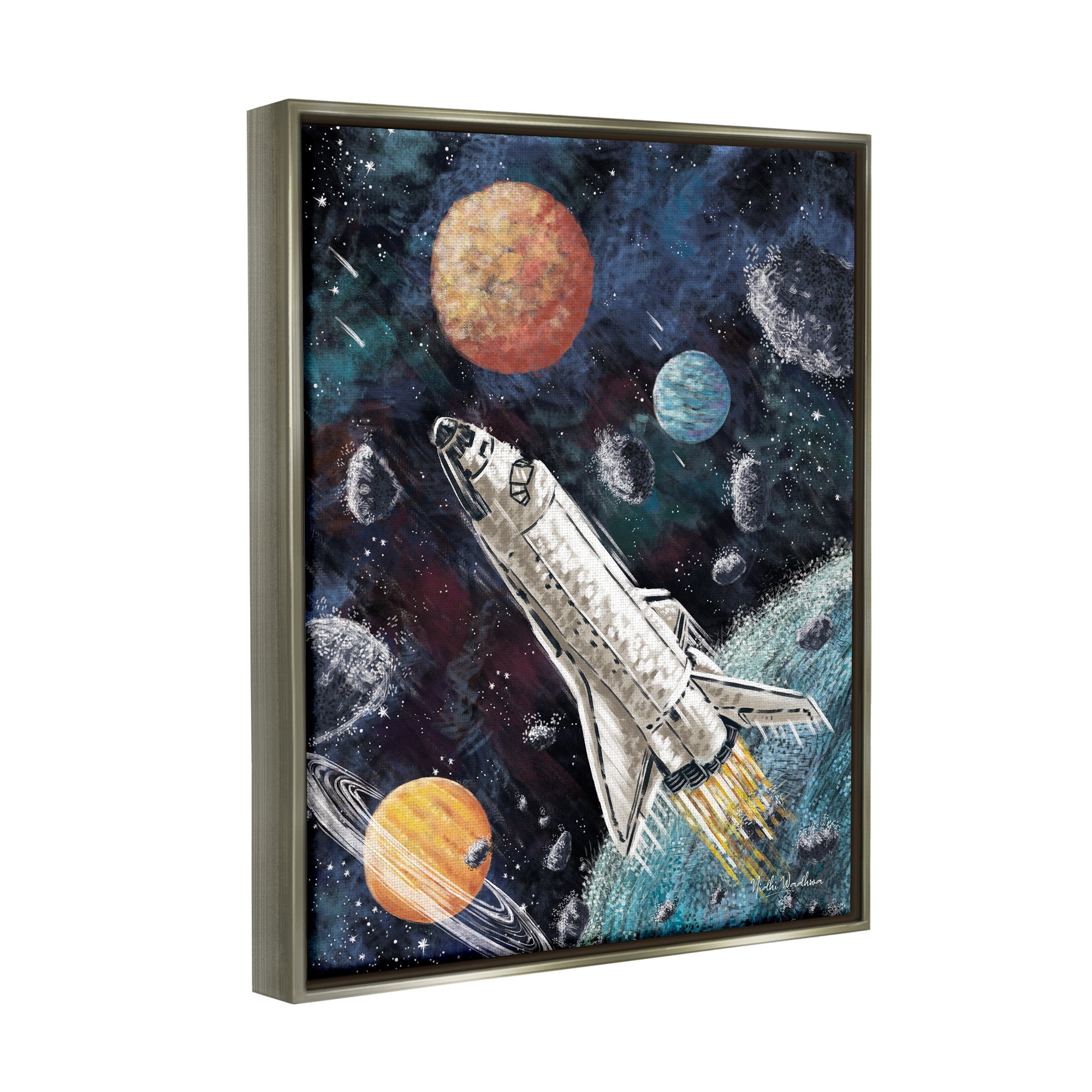 Stupell Industries Spaceship in Outer Space Novelty Painting Gray Floater Framed Canvas Art Print Wall Art, 17 x 21