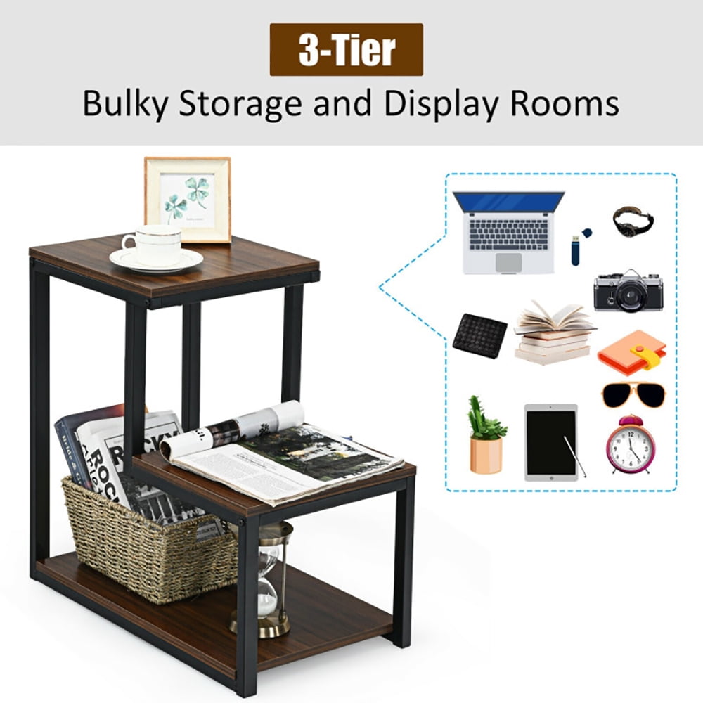 Finihen Side Table, 3-Tier Ladder-Shaped Chair Side Table with Storage Shelf, Sofa Side Table, Bed Side Table, for Living Room, Bedroom, Brown Finihen Side Table, 3-Tier Ladder-Shaped Chair Side Table with Storage Shelf, Sofa Side Table, Bed Side Table, for Living Room, Bedroom, Brown