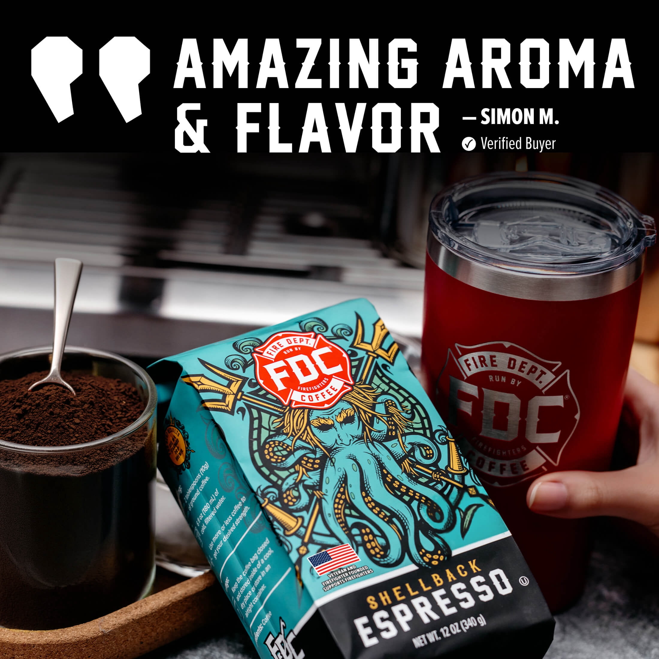 (6 pack) Fire Department Coffee, Shellback Espresso, Premium Ground Coffee, Medium Roast, 12 oz.