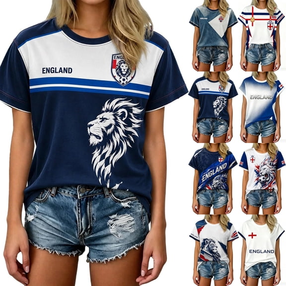 LNZGNM Soccer Cup 2026 Jersey Shirts for Women National England Jersey Soccer Shirts Short Sleeve Top Game Day Outfit,Light Blue(L)