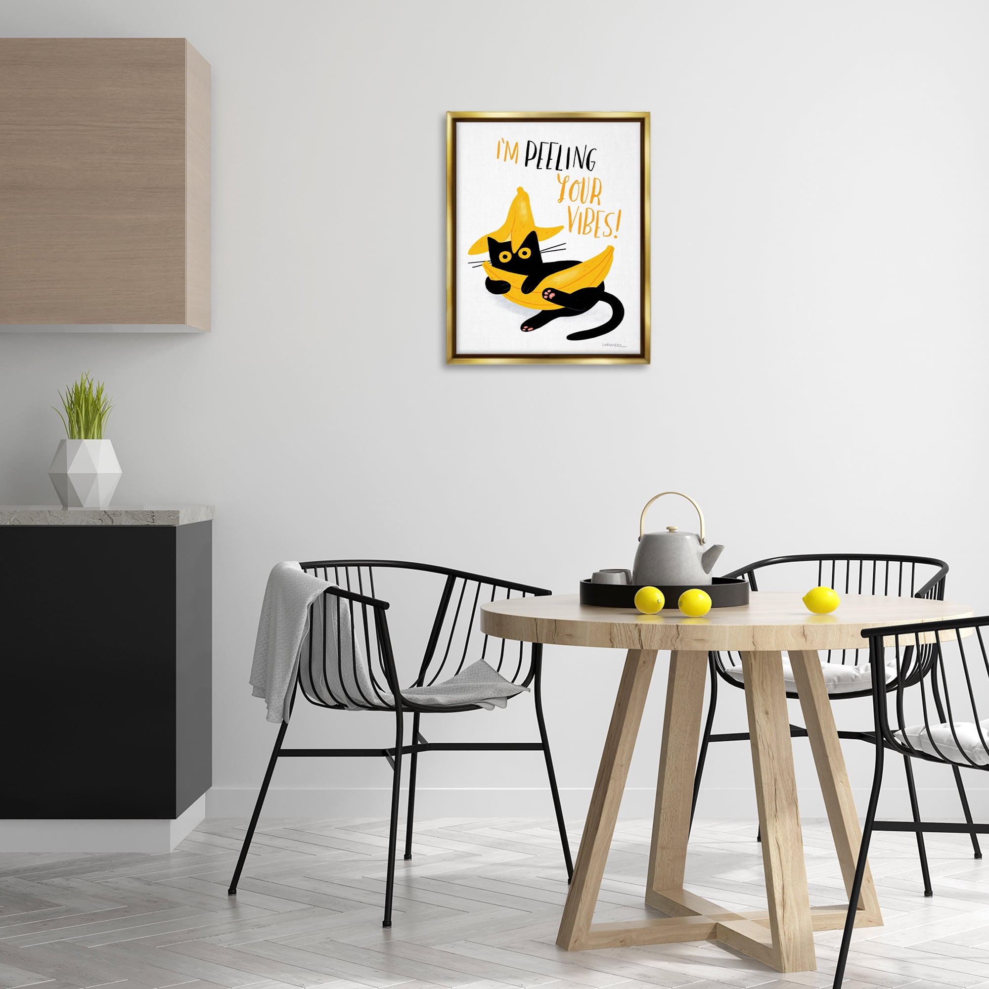 Stupell Industries Peeling Your Vibes Cat Animals Painting Gold Floater Framed Canvas Art Print Wall Art, 17 x 21