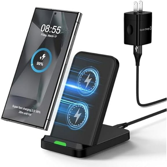 Wireless Charger Stand for Moto G Stylus 5G 2024,Moto Edge/Razr 2025,Moto G Power 5G 2024,15W Fast Charging Station with QC Adapter for Samsung Galaxy S25 S24FE,iPhone 16 15,Pixel 9 Pro XL 8