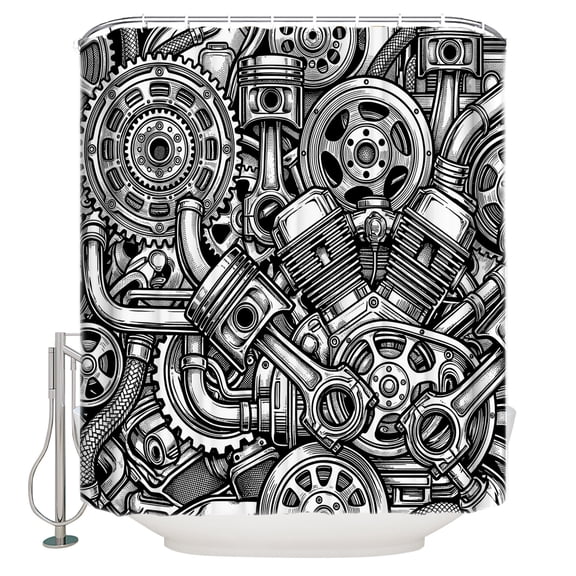 Black Grey Car Bathroom Shower Curtains with 12 Hooks Waterproof Shower Curtain for Stalls and Bathtubs Vintage Automobile Car Parts Engine Print Decorative Bathroom Privacy Curtain 36x78 Inches