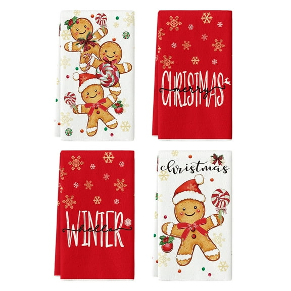 Sm:)e Gingerbread Candy Merry Christmas Kitchen Towels Dish Towels, 18x26 Inch Holiday Holly Xmas Ball Winter Decoration Hand Towels Set of 4