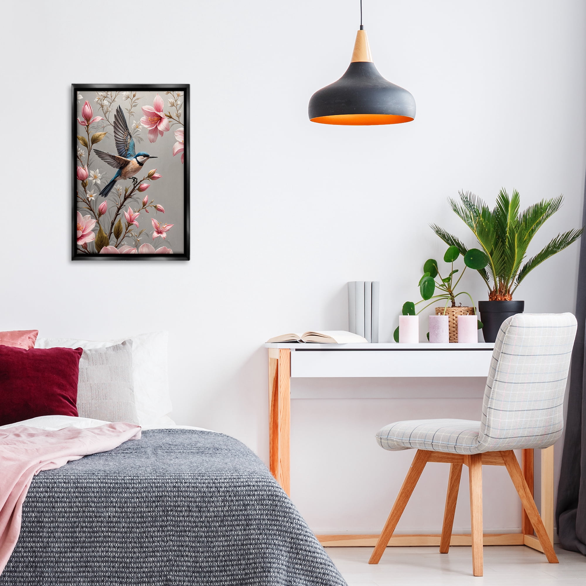 Stupell Industries Soft Pink Florals with Bird Animals Painting Black Floater Framed Canvas Art Print Wall Art, 17 x 25