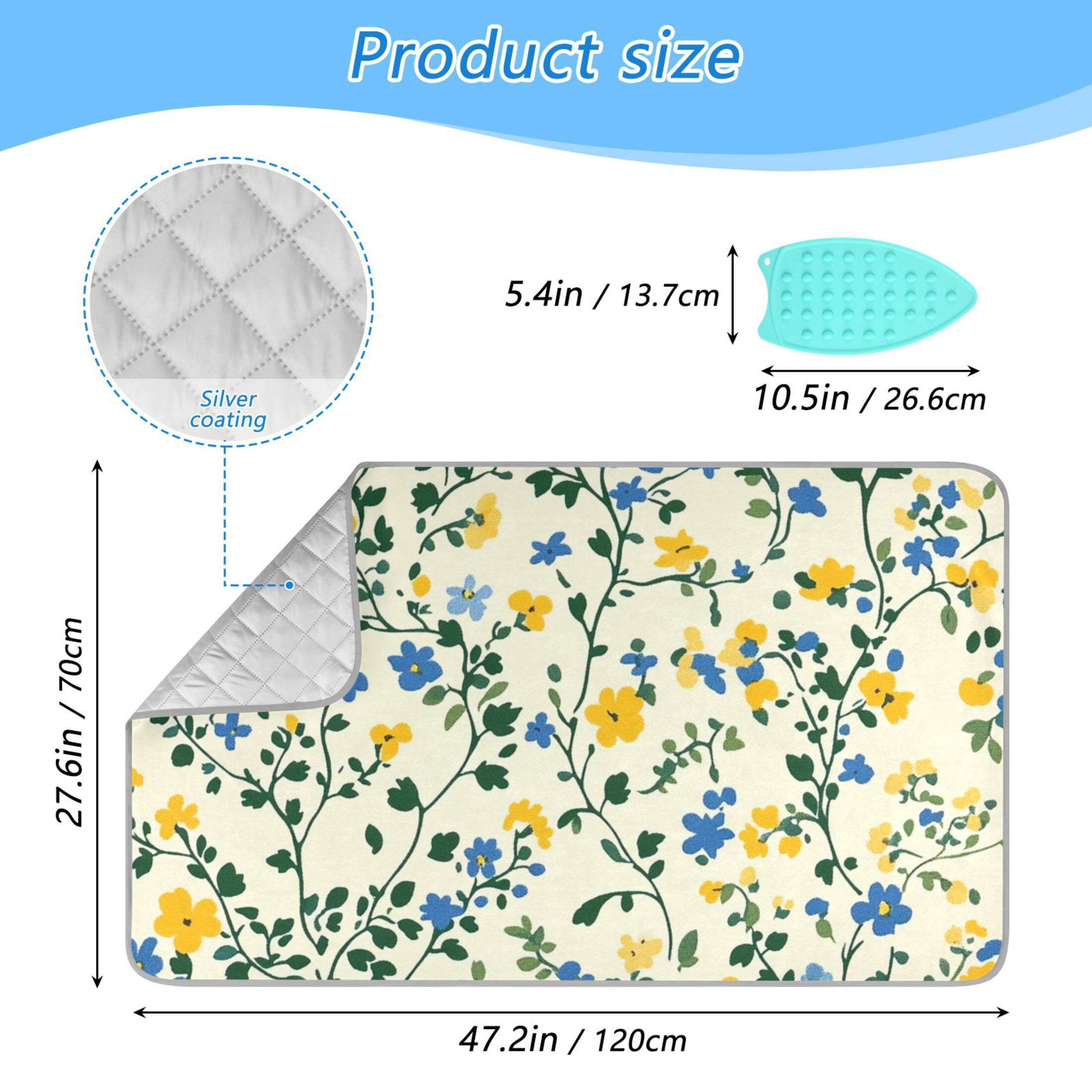 Leaves Blue and Yellow Tiny Flowers Ironing Mat Blanket Portable Travel Ironing Pad Heat Resistant Pad 47.2" x 27.6”
