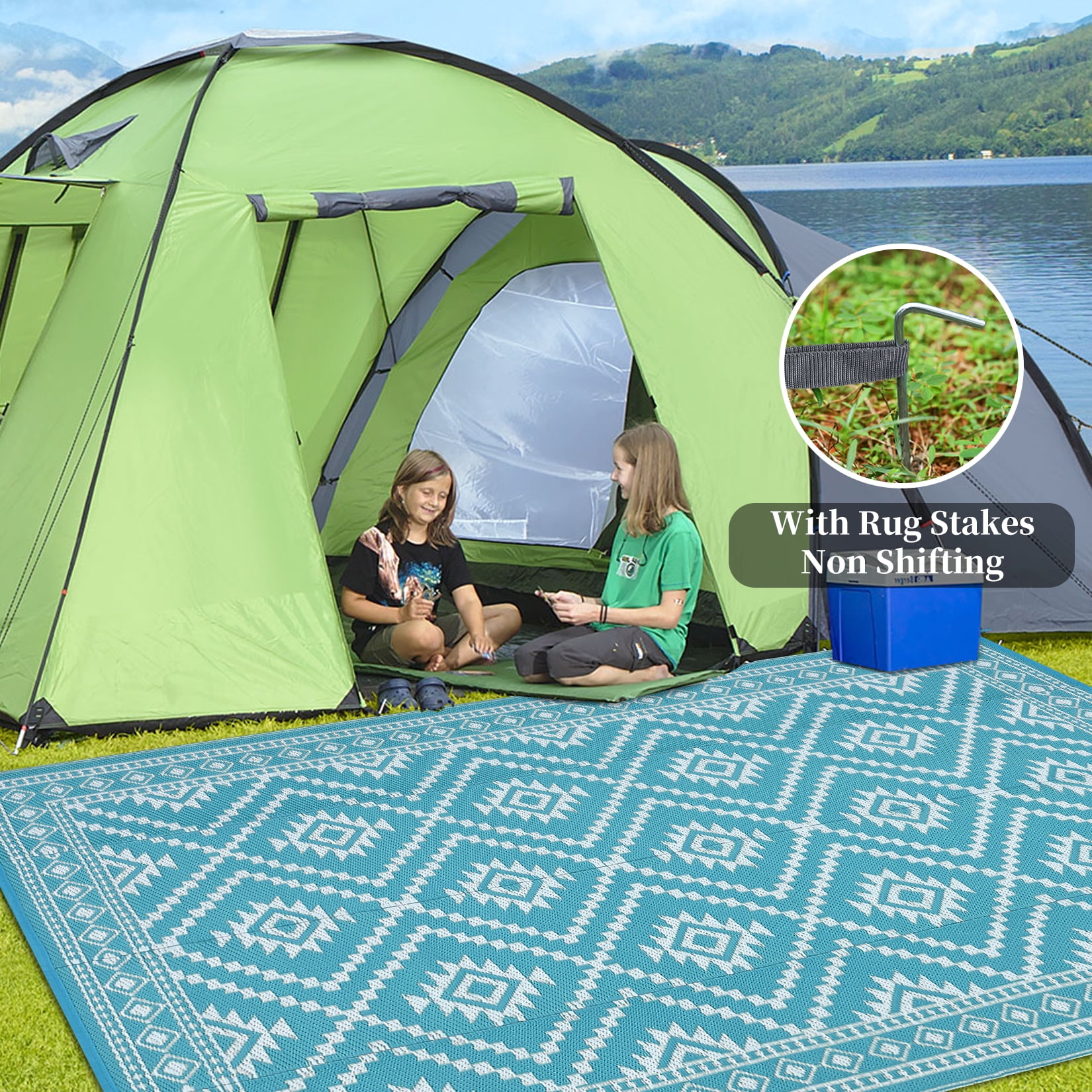 GlowSol 8x10 Outdoor Rug for Picnic Beach Deck-Outdoor Waterproof Patio Rug Indoor Outdoor Boho Geometric Area Rug Reversible Rug, Light Blue/White